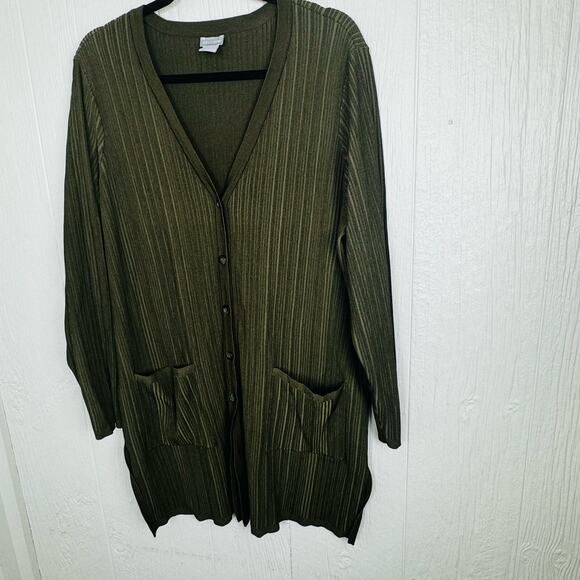 Chico's Flat-Back Ribbed Cardigan Sweater Green Button Front Pockets Women SZ 2 - Picture 8 of 10